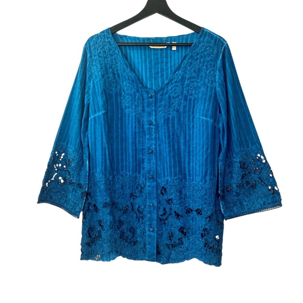 Soft Surroundings Esme Blouse Dyed Dark Blue Small Lace Relaxed Embellished Top
